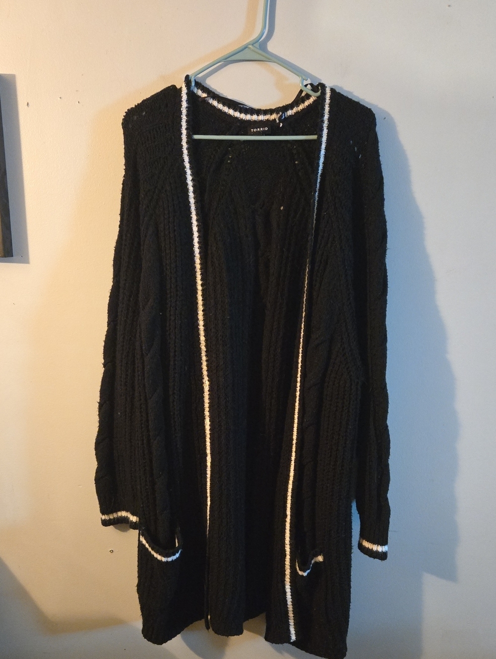 torrid Black Open-Front Cable Knit Cardigan with White Trim Accents